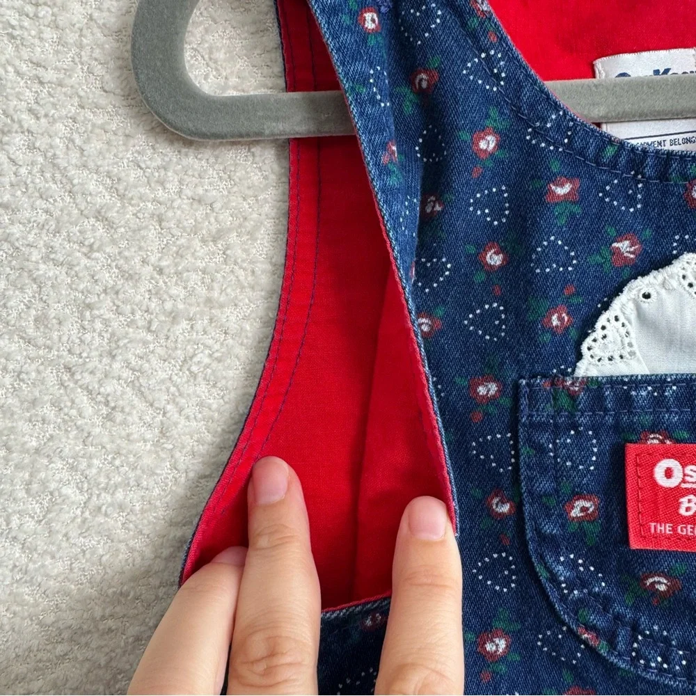 Vintage‎ Osh Kosh B’Gosh Denim Jumper Dress Red White Floral Heart Print Size 6